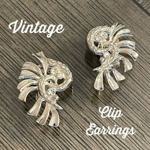 Vintage Silver-tone Clip Earrings with Rhinestone Accents